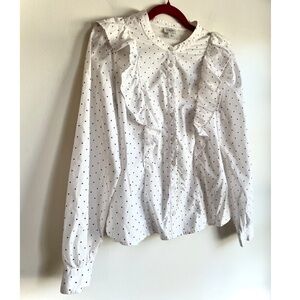 J. Crew Valentine's Heart Print White Ruffle Button Down Blouse